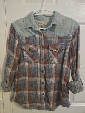 Triple Five Soul Plaid Button-Up Shirt in Faded Blue & Rust